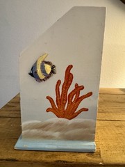 Coastal Beach Theme Tiered Wood Desktop Organizer Hand painted Ocean Fish