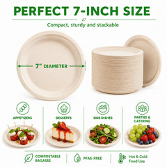 125/250500/1000pcs 7 Inch Compostable Disposable Bagasse Round Party Plates