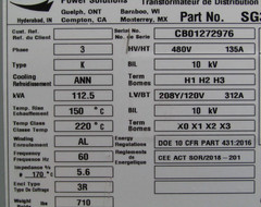 🙌 HPS HAMMOND 112.5 KVA TRANSFORMER 480 HV 208Y/120 LV 3 PHASE SG3A0112KB