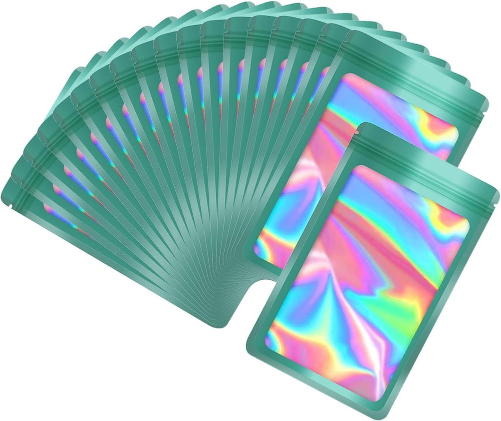 100 Pack Cyan Holographic Ziplock Bags Resealable Sealable Mylar Packaging Bag