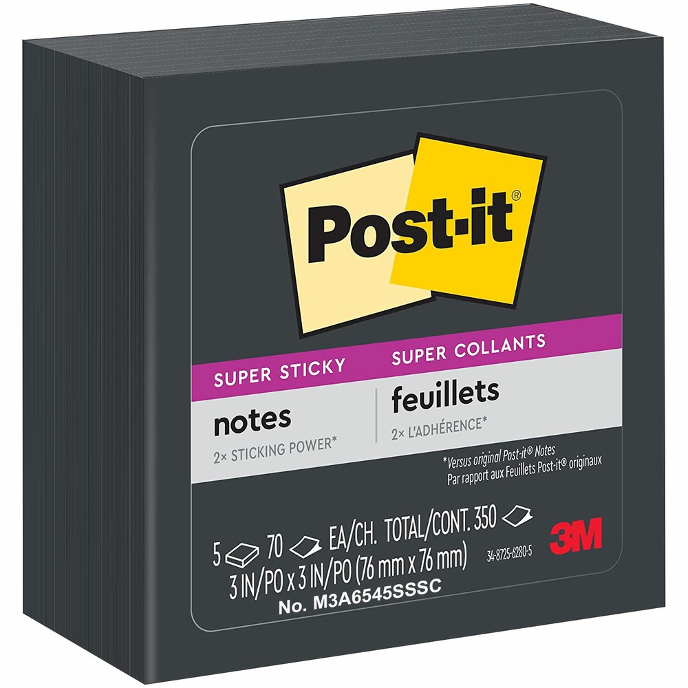 Post-it 654-5SSSC Super Sticky Notes, Black, 3 x 3″, Pack of 5 Pads