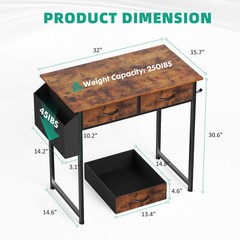 32″ Office Small Computer Desk,Home Study Table with 2 Fabric Drawers & Side Bag