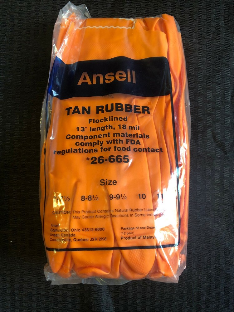 12 Pair of Ansell Gloves Tan Rubber Flocklined 13″ Length 18mil. Sz. 11, 26-665