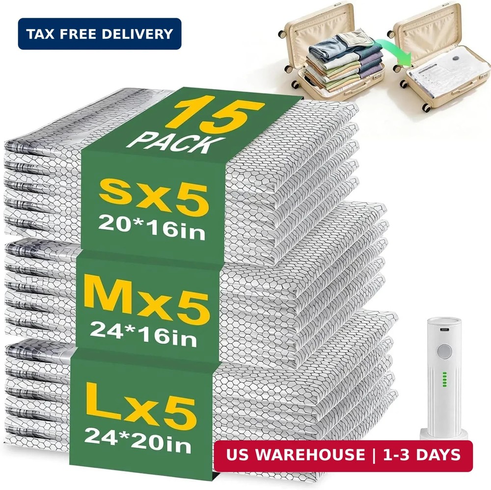 15PK Vacuum Storage Bags with Wireless Electric Pump Travel Space Saver Set!