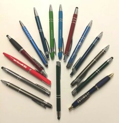 15ct Mixed Lot Retractable Metal Pens: Misprints/ Overstock/ Blank/ Stylus/ Grip