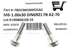 (25) M6 x 1.00 x 30 Stainless Steel DIN6921 A2 Hex Flange Bolts M6x30mm Flange