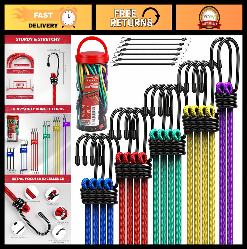 24-Piece Heavy Duty Bungee Cord Set with Hooks – Assorted Lengths for Camping &