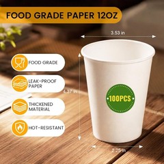 Paper Coffee Cups 12 oz, 100 Pack White Disposable Cups for Hot & Cold