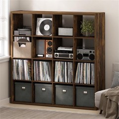 Pemberly Row 16 Cube Vinyl Record Media Storage Organizer in Amber Pine