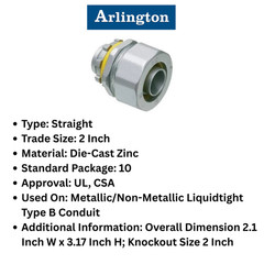 Arlington ARL-LT200 2″ Liquid tight Straight metallic Connector 10 pcs