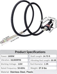 1600W 2HP Electric Concrete Vibrator 18000RPM 14.75Ft Flexible Shaft Handheld