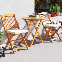 3-Piece Acacia Wood round Table 18 In. Outdoor Bistro Set with Beige Cushions