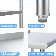 60” x 24” Stainless Steel Table for Prep & Work with Backsplash for Kitchen