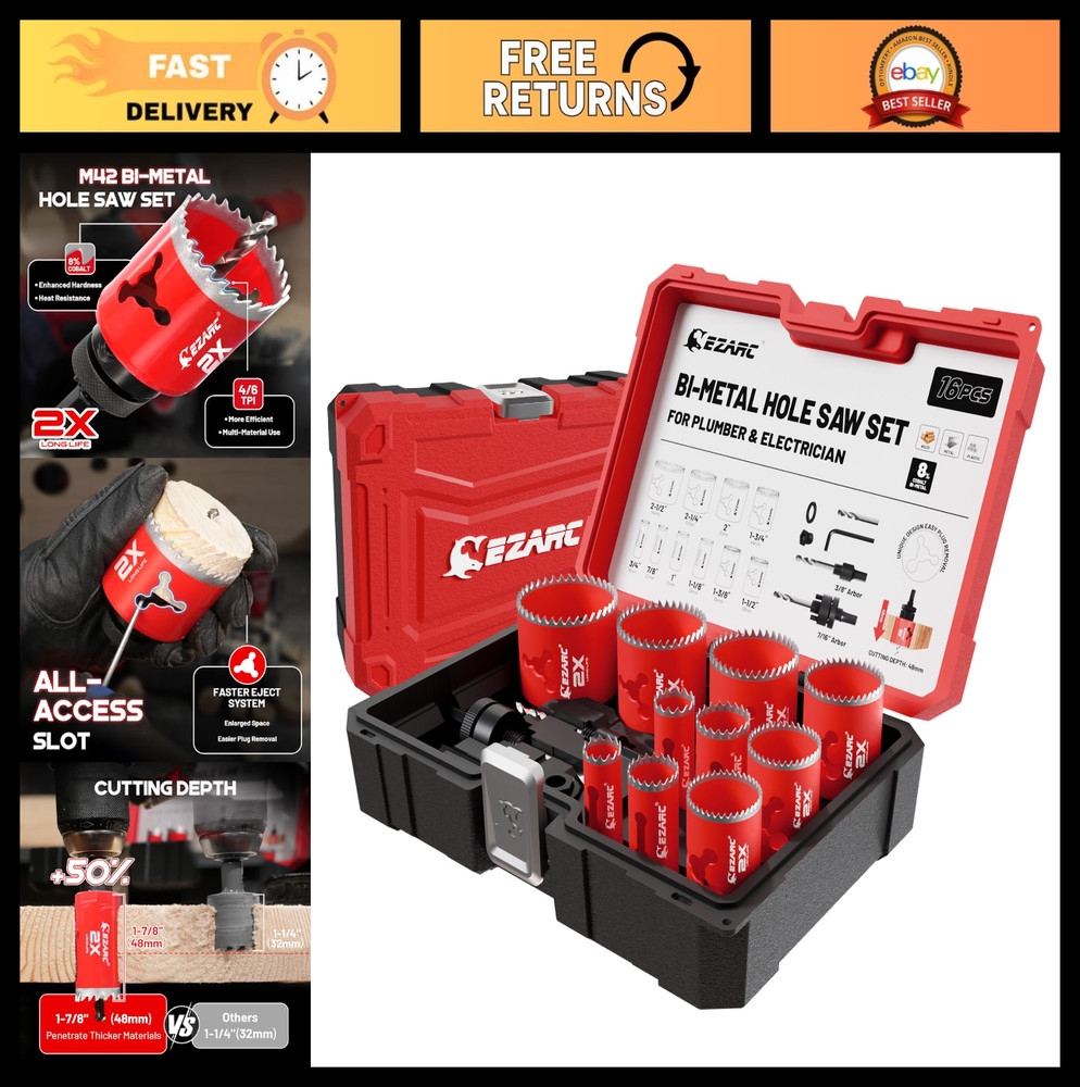16-Piece Bi-Metal Hole Saw Kit, 3/4″-2-1/2″ for Wood, Metal, PVC – Includes Mand