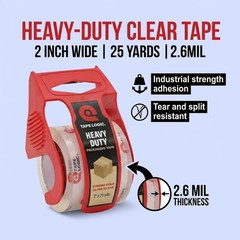 Heavy Duty Packing Tape with Dispenser (2 Pack) – 2.6 Mil Thick Clear Shippin…