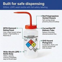 United Scientific™ Acetone Wash Bottle, 500mL LDPE Squeeze Dispenser