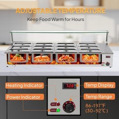 96QT 1500W Electric Commercial Food Warmer, 12-Pan Steam Table 8QT/Pan w/Shield