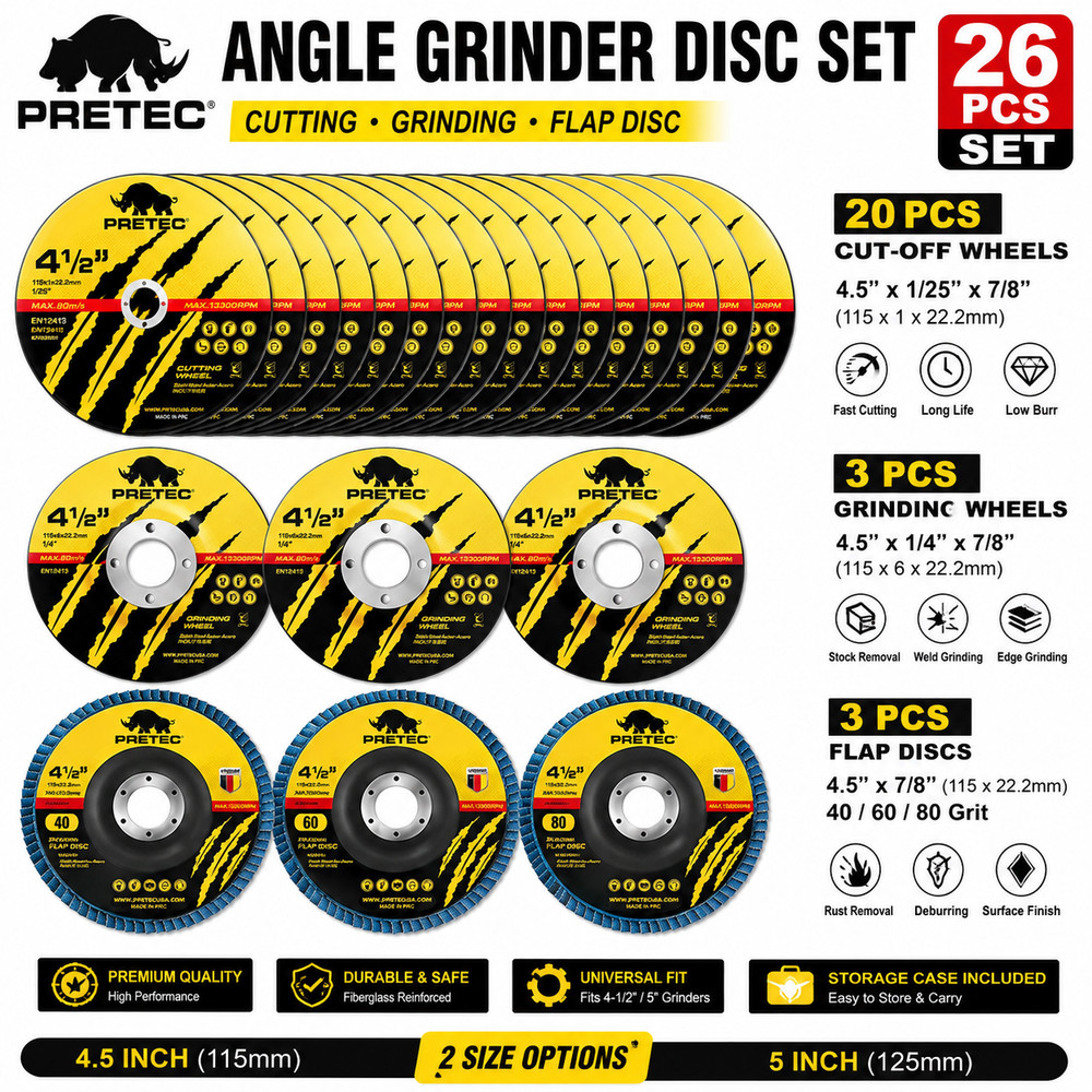 PRETEC 4-1/2″ 5″ Cut Off Grinding Flap Wheels 26 Pack Angle Grinder Disc Set Kit