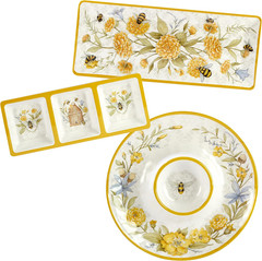 Bee Sweet 3-Piece Melamine Serveware Set – Includes 14.5″ Chip & Dip, 14.5″X5.75