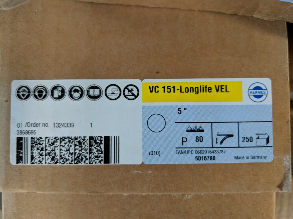 HERMES VC 151 Longlife VEL 5″ Diameter P80 Grit Velour Back Disc 250 Pack