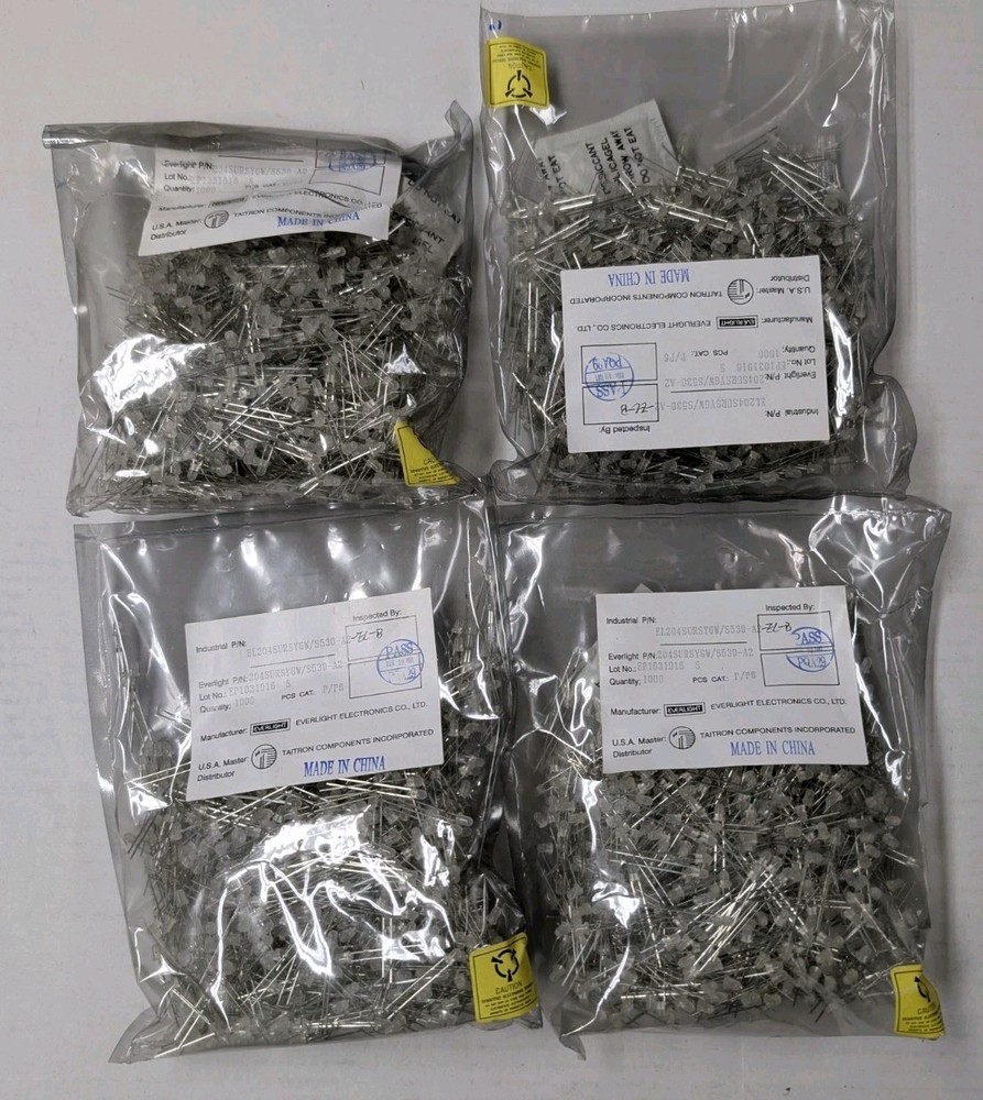 ~4000 pieces of Everlight 5mm LEDs (Part Number: 2048UR8SYGW/S530-A2)