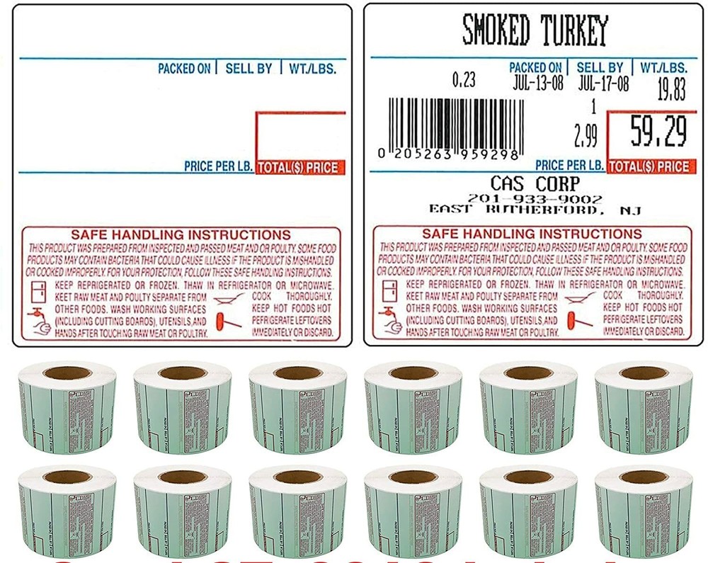 CAS LST-8040 Label, 58 x 60mm, UPC/Safe Handling, 500 Per Roll, 12 Rolls/Box