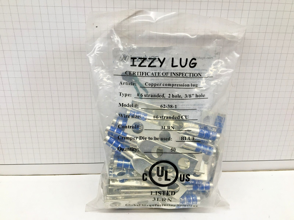 Izzy 62-38-1, #6 AWG Lug, 2 hole, 3/8″ Holes, 1″ OC, Long Barrel – 50 pcs