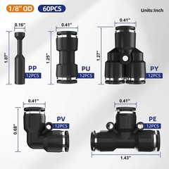 60 PCS 1/8 Inch Push to Connect Fittings Air Hose Tubing Pneumatic Kit Tee