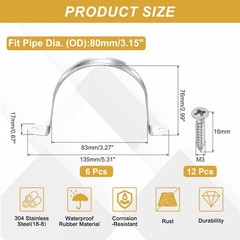 6 Pieces for 80mm (3-1/8″) 304 Stainless Steel Rigid Ties with Screws, Silver