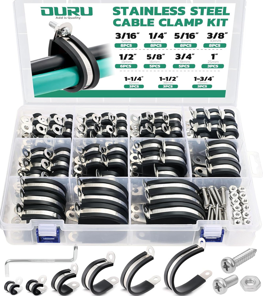 150PCS Cable Clamps with Screws Assortment Kit 11 Sizes Stainless Steel Rubber C