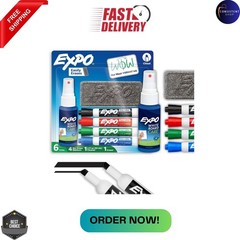 Low Odor Dry Erase Marker Set, 6 Colors with Eraser and Cleaner for Whiteboards