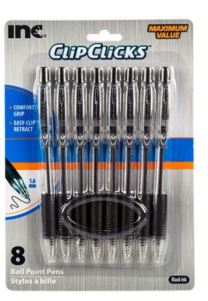 Clip Click Retractable Ball Point Pens, 1.0 mm Black Ink, Set of 8