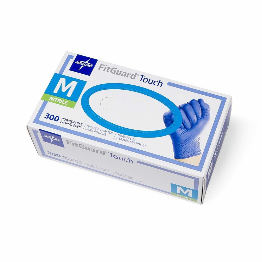 Medline FitGuard Touch Exam Gloves, Powder-Free Nitrile, Medium Size, Box of 300