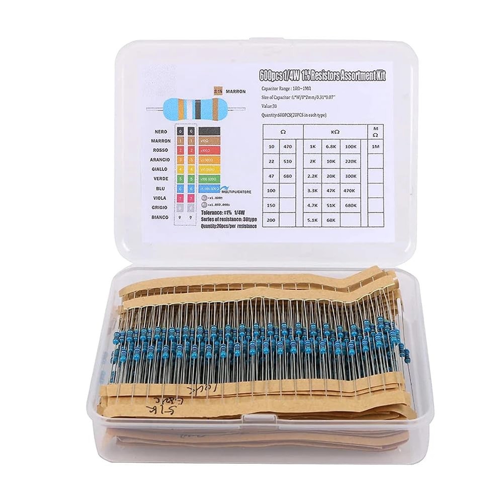 600PCS 1/4W Metal Film Resistor Assortment Kit – 30 Values (10Ω to 1MΩ) ±1%