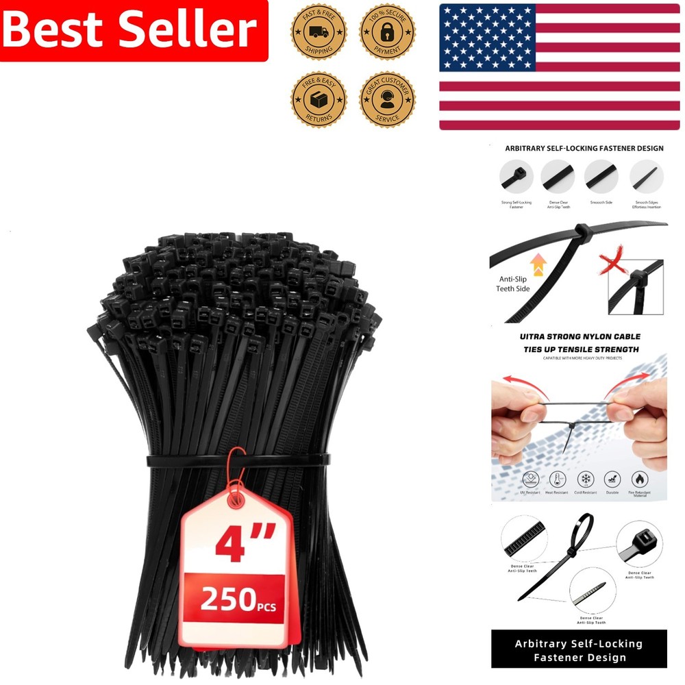 Multi-Purpose Zip Ties 250 Strong 4 Inch Black Nylon Secure Cable Management