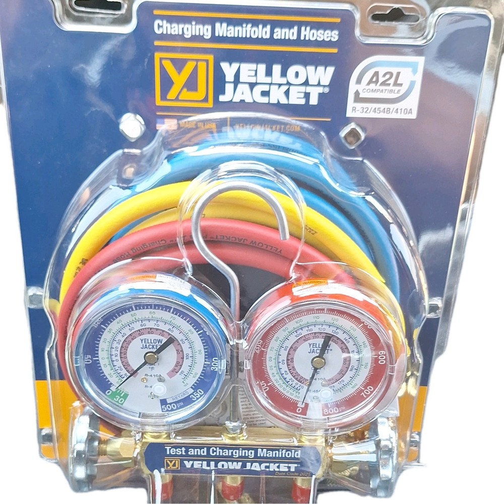 YELLOW JACKET 42036 2-Valve Charging Manifold Gauge & Hose Set R-32 R-454B 410A