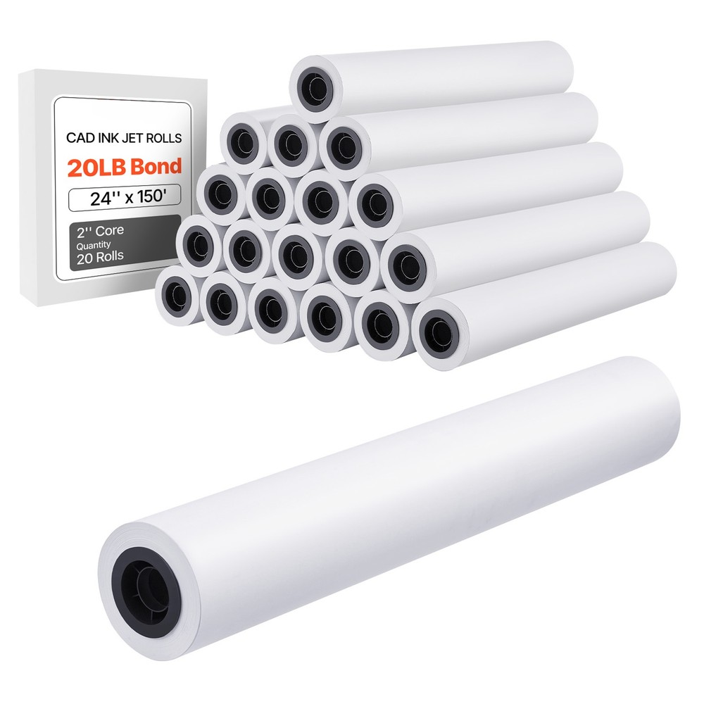 Uimoso Wide Format Plotter Paper Rolls 24 in x 150 ft, Pack of 20 for CAD Use