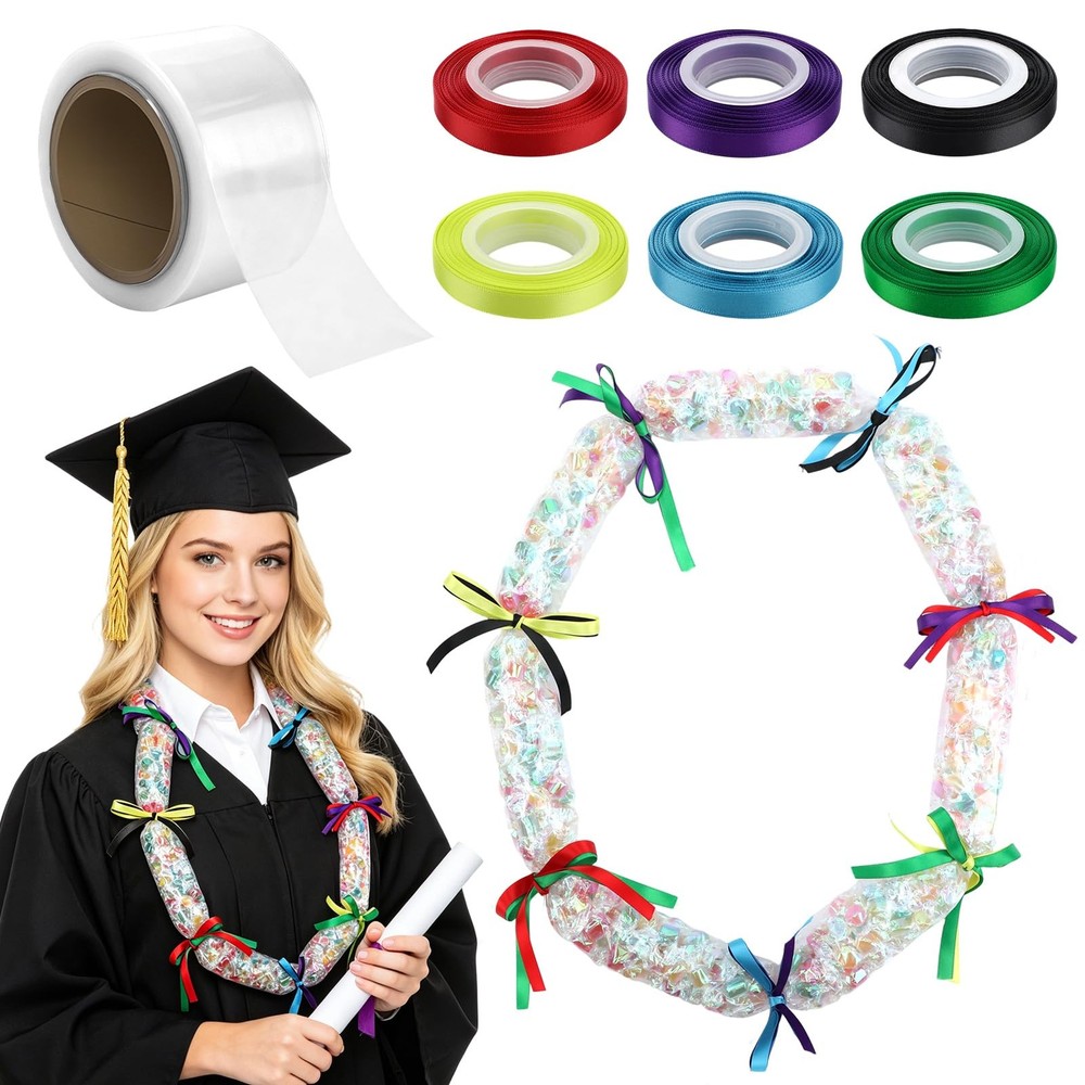2.8 Inch x 164 FT Graduation Candy Lei Tubing Clear Poly 6 Color Ribbons
