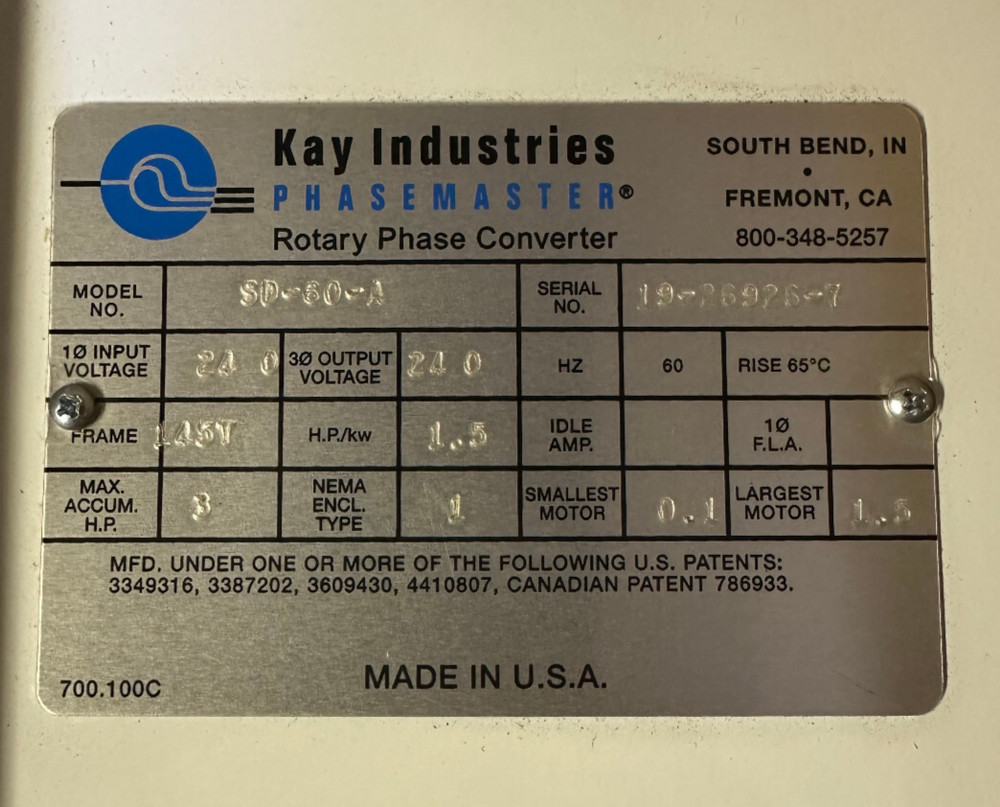 Kay Industries Phasemaster Rotary Phase Converter SD-60-A 240V Single to 3 phase