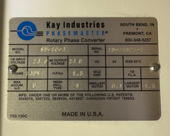 Kay Industries Phasemaster Rotary Phase Converter SD-60-A 240V Single to 3 phase