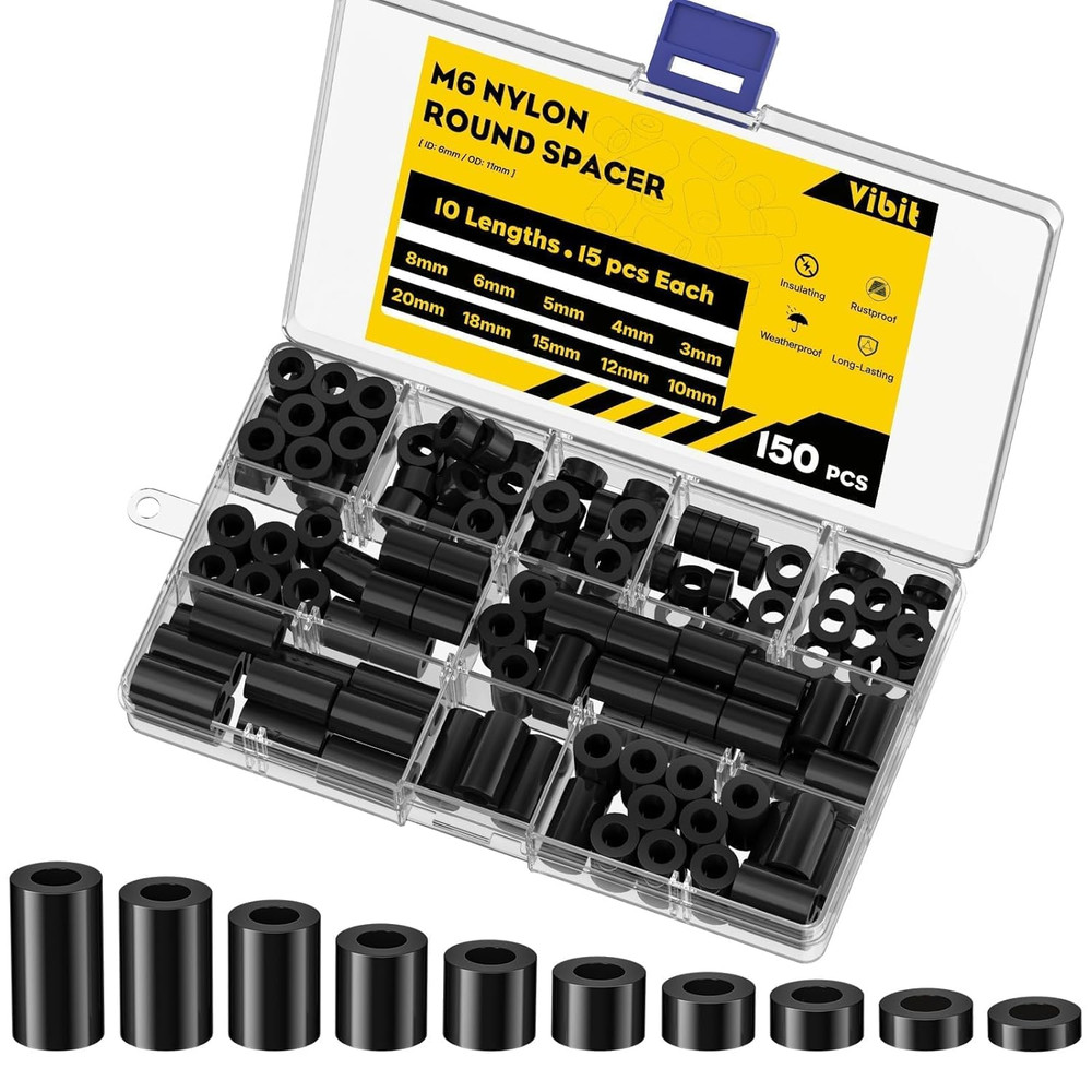 150 Pcs M6 Nylon Spacers for Screws, ID 6 Mm & OD 11 Mm, 10 Lengths – 3 Mm 4 Mm