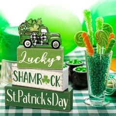 4 Pcs St Patrick’s Day Table Decorations Green Shamrocks Wooden Signs Block Fa