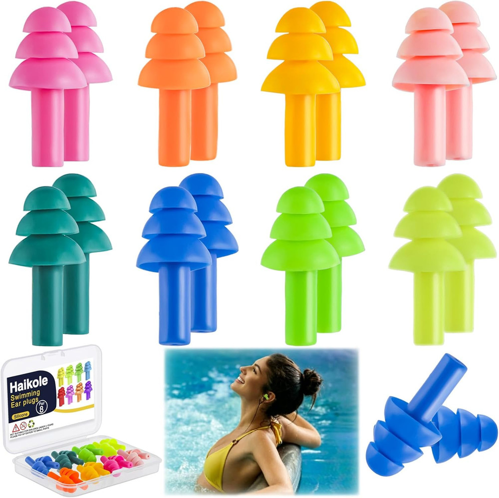 8 Pairs Silicone Ear Plugs for Swimming Sleeping, Snoring Work, Reusable 3-Layer