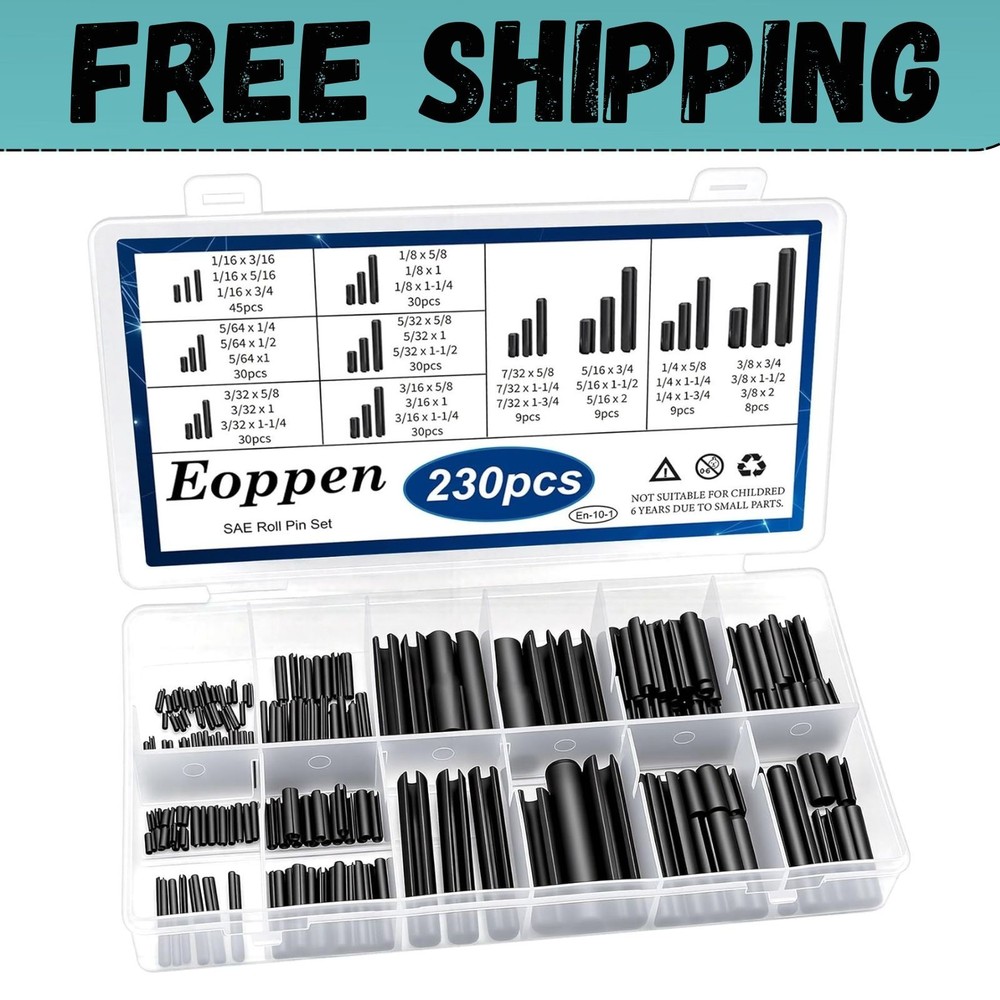 230Pcs SAE Roll Pin Assortment Set – Slotted Spring Pins Steel Split Expansion P