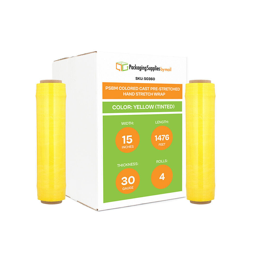 4 Rolls – Yellow 15″x 1476′ Pre-Stretch Hand Packaging Shrink Wrap Film 30 Gauge