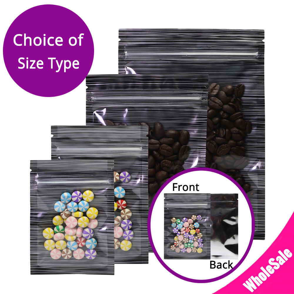 Multi-Sizes Black Glossy Flat Clear Front Foil Reusable Zip Lock Pouch Bag M3
