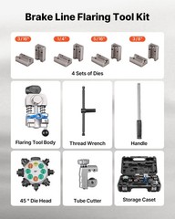 Hardened Carbon Steel Flaring Kit: 45° Die Head, 4 Sizes, Tube Cutter Included