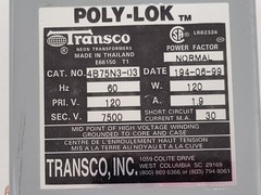 Transco 4B75N3-03 Neon Tube Light Transformer 7.5KV Pri: 120V Sec: 7500V 60Hz