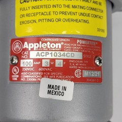 Appleton ACP1034CD Powertite Plug, 100 Amp, 3W, 4P, 250VDC, 600VAC, Style 2