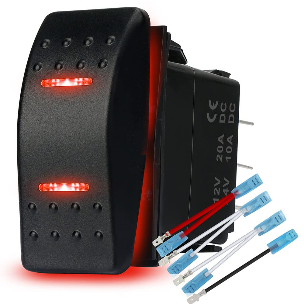 Waterproof Rocker Switch Toggle On-Off-On 12V/20A 24V/10A 7Pin DPDT Red LED Ligh